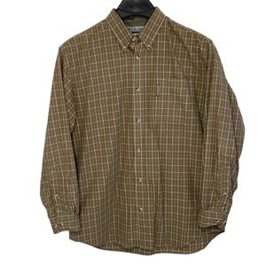 Columbia men’s L long sleeve button down shirt.  Brown, tan and white plaid. EUC